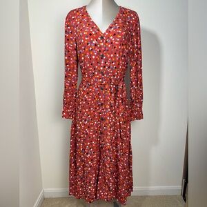 Loft Dotted V Neck Tie Waist Midi Shirt Dress Size 8 Multicolor Long Sleeve